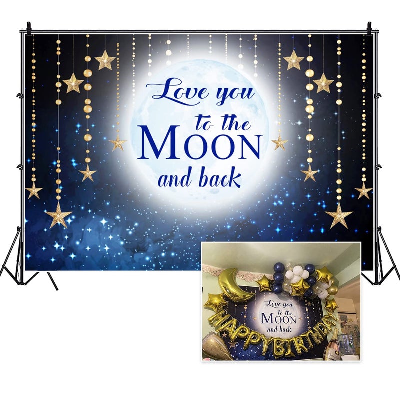 DORCEV 5x3ft Love You to The Moon and Back Photography Backdrop Blue Night Sky Hanging Golden Stars Background for Kid's Birthday Baby Shower Party Photo Video Studio Props - Image 1